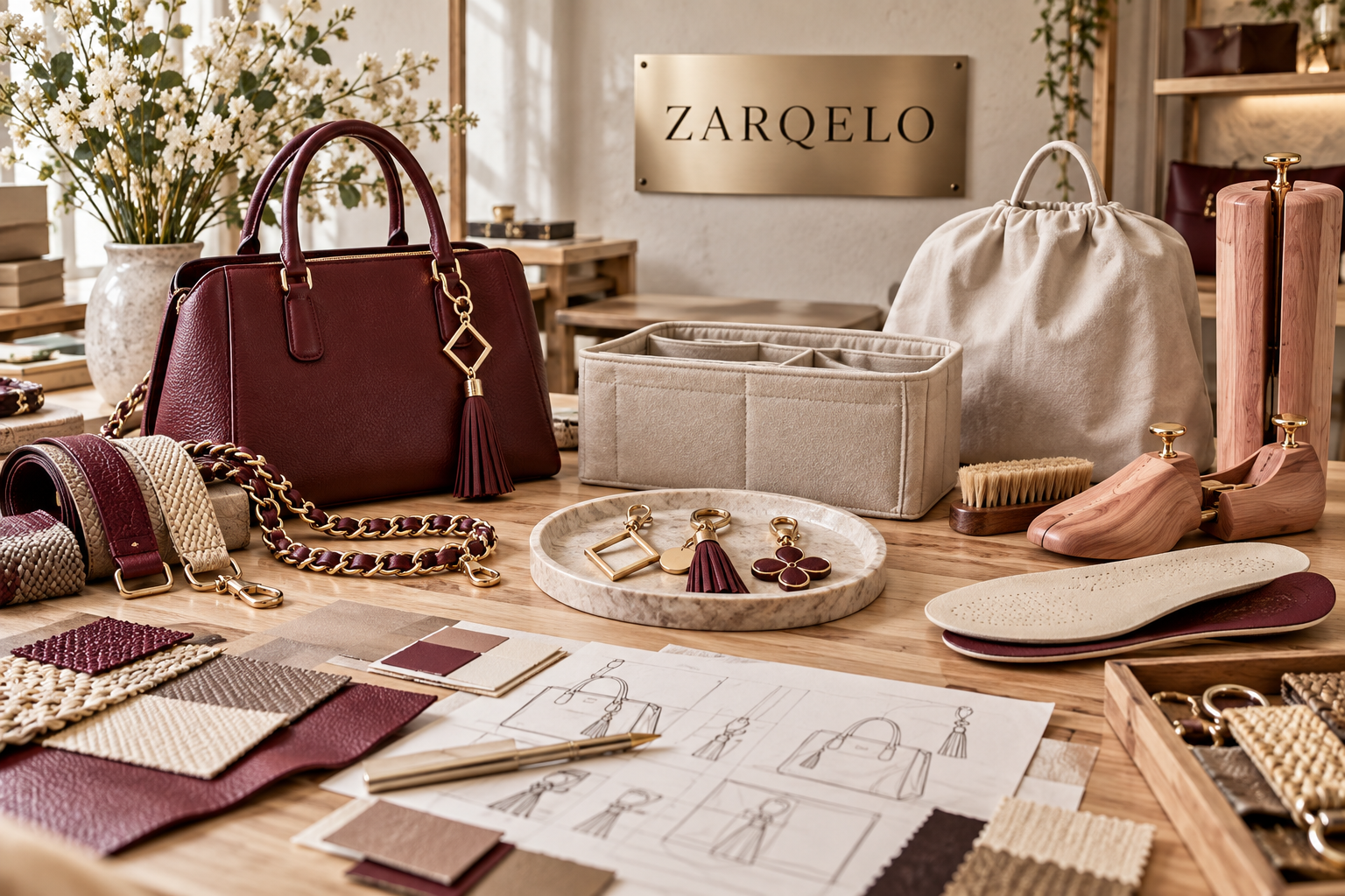 Zarqelo accessories and care studio with bag straps, charms, shoe trees, brush, insoles, organizer and material sketches